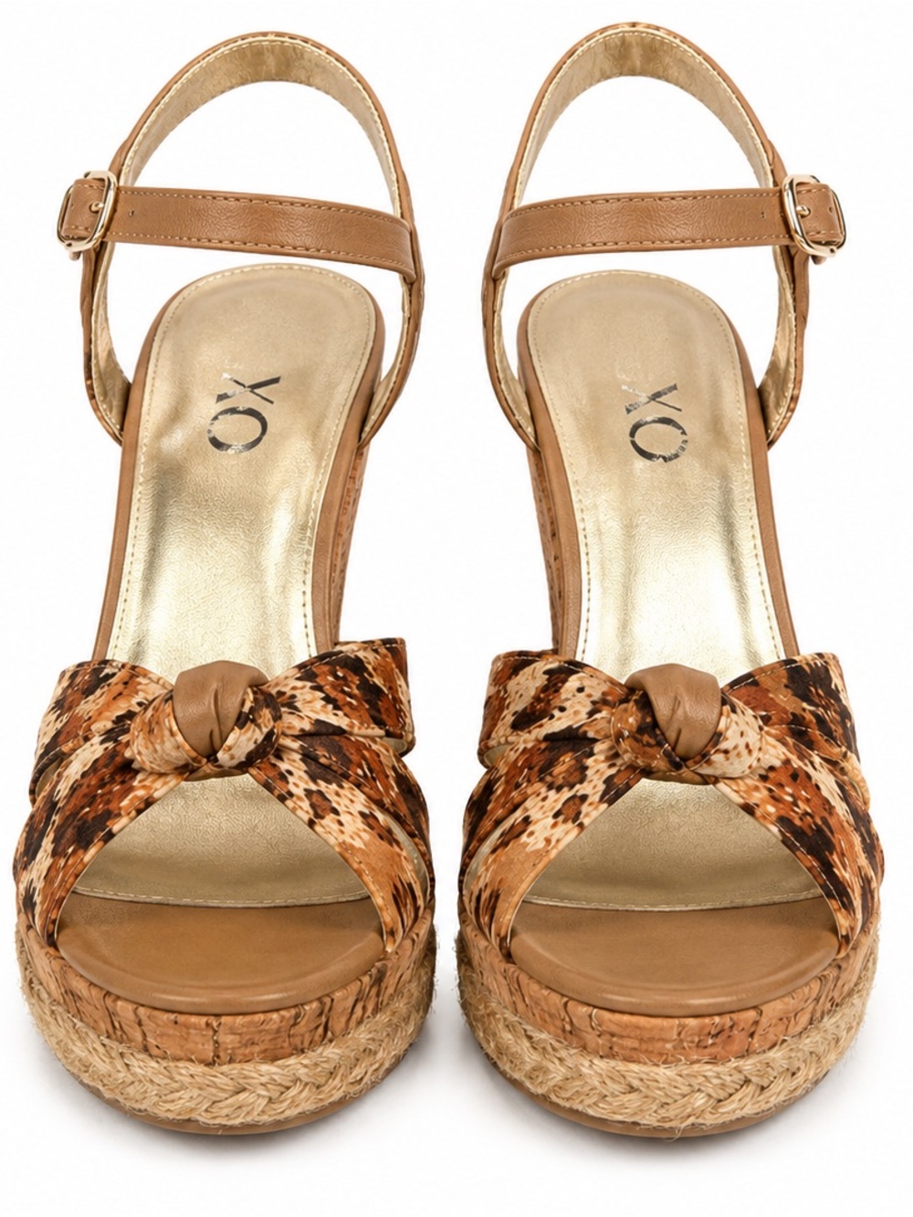 XOXO Tan & Brown Animal-Print Knot Front Wedge Sandals